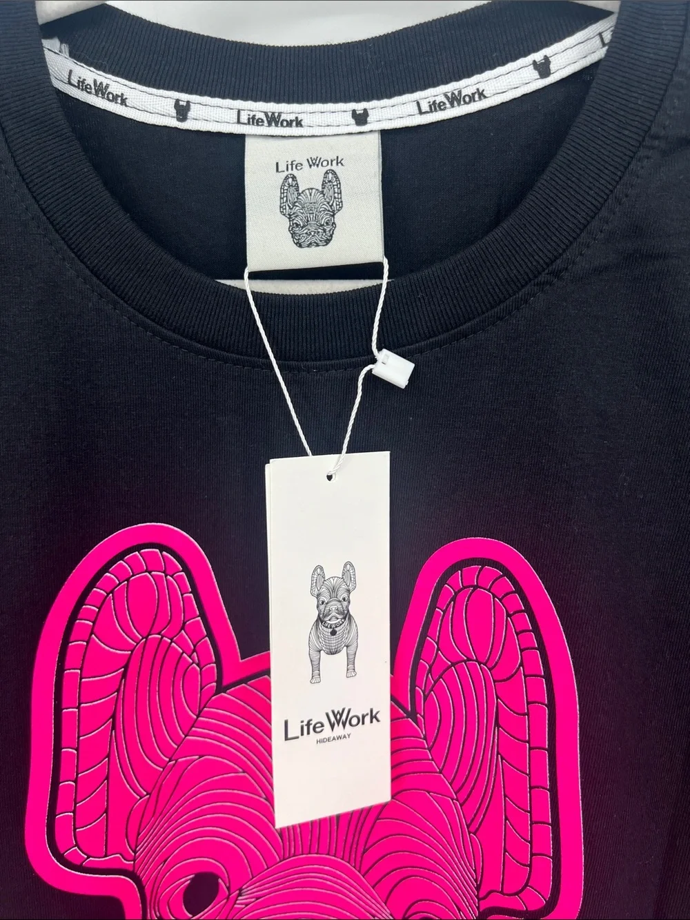 Life Work Hideaway Black T-Shirt with Hot Pink French Bulldog Graphic
